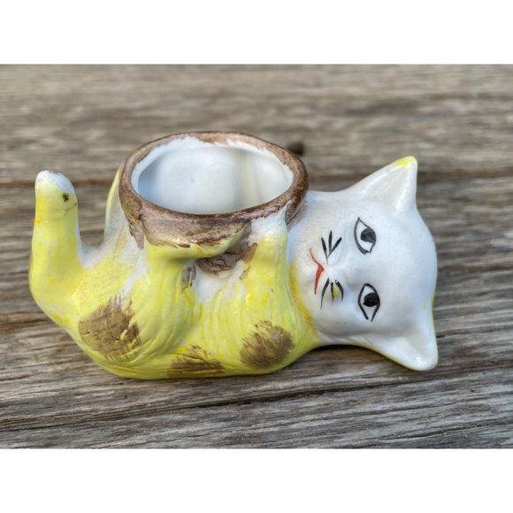 Vintage Bisque Porcelain Small Sad Kitty Cat Planter Vase - Picture 4 of 11